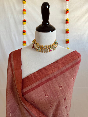 ShopNaya Exclusive | Handwoven | Cotton Saree | No Blouse | Beige & Maroon Mix | Basket Weave |Copper Zari | Ships from California